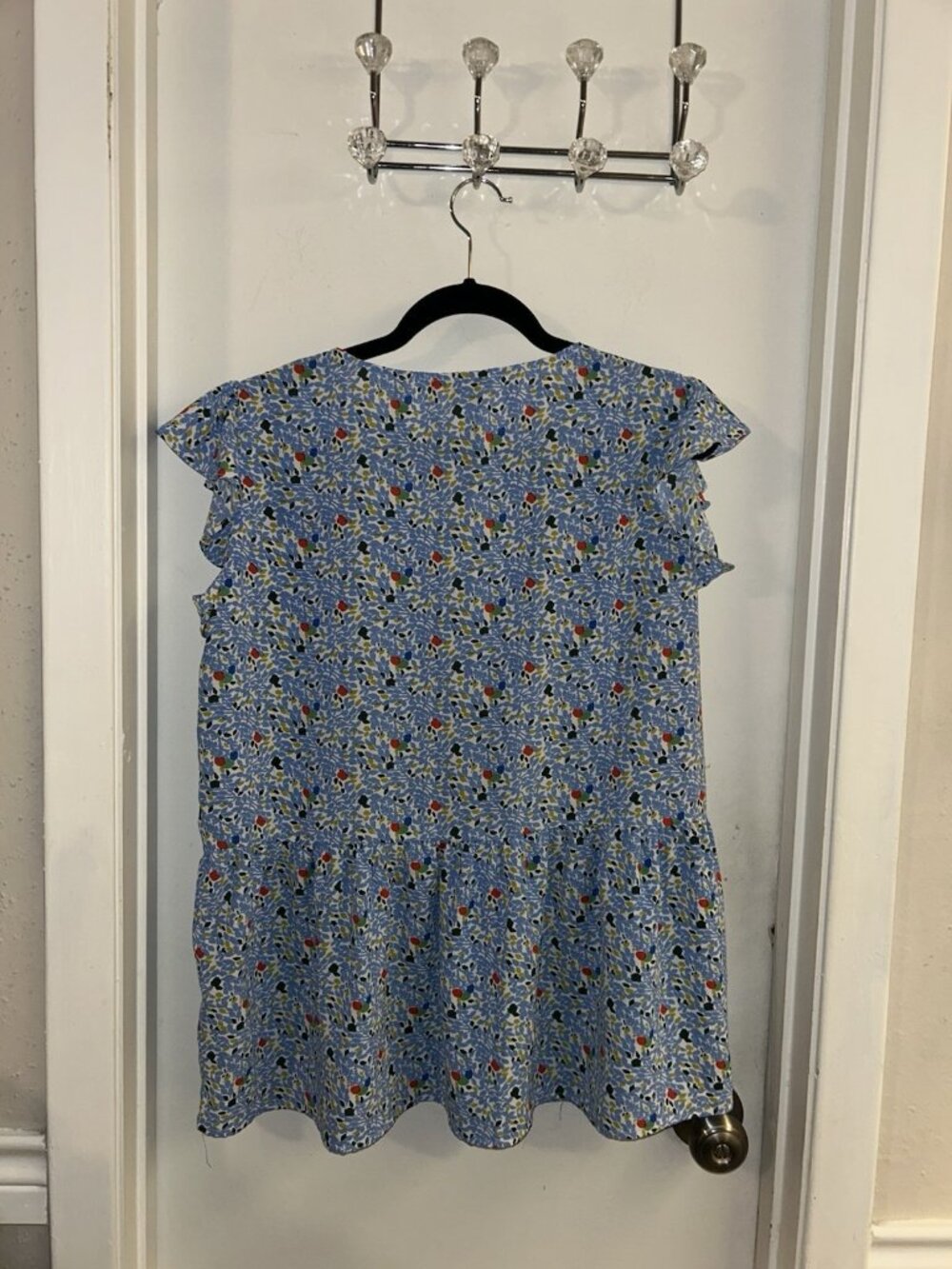 Staccato Blue Floral V-Neck Boho Cottagecore Flutter Sleeve Babydoll Top Large - Picture 4 of 6